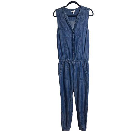Joie Jumpsuit Womens Small Blue Chambray Sleeveless Zip Front Drawstring Waist - Picture 1 of 10